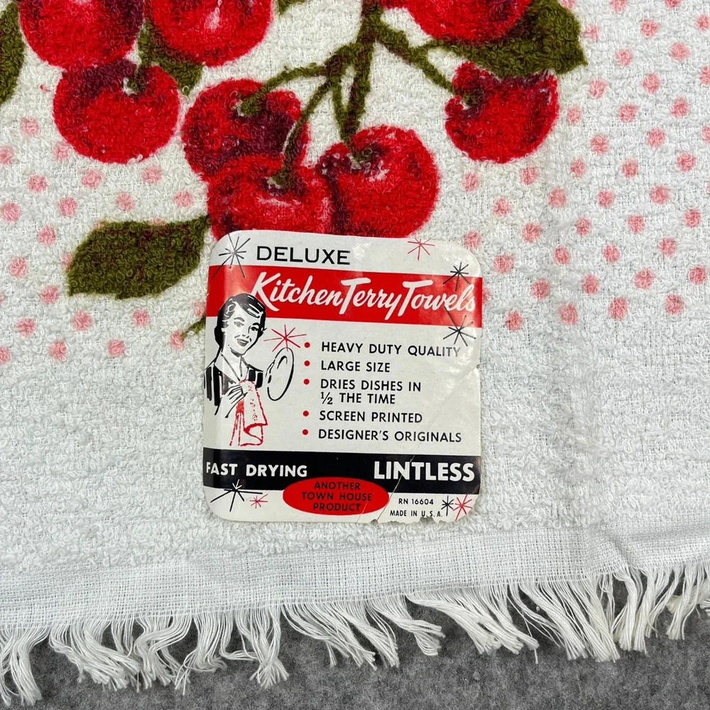 Vintage Town House Kitchen Terry Towel Red Cherries Polka Dot Fringed MCM USA